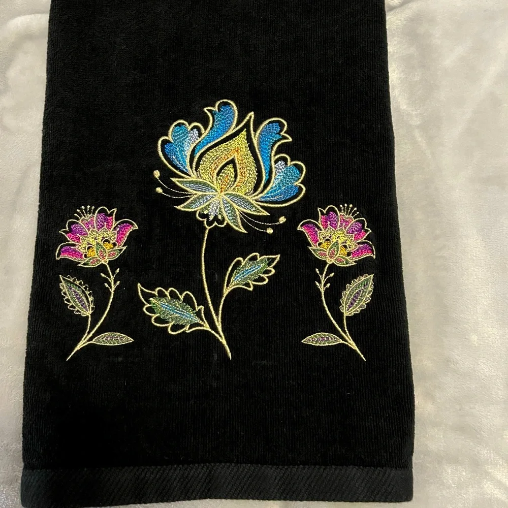 Handcrafted embroidered floral design in the Jacobean style pair of hand towels
